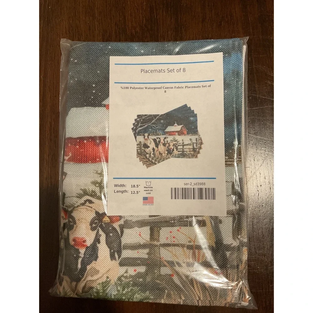 Premium Kitchen Cow Christmas 8‎ Placemats and 2 Adjustable Aprons USA, washable